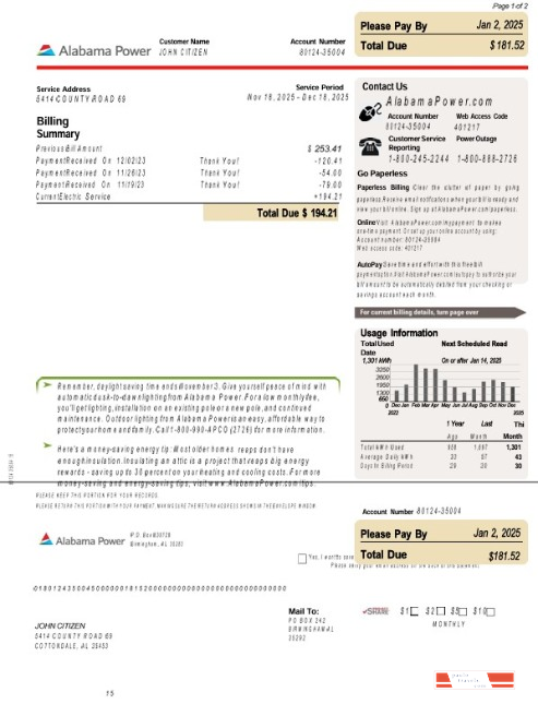USA Alabama power utility bill